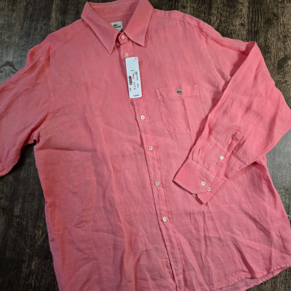LACOSTE Button Down Shirt‎ Mens XL Pink NEW 100% Linen Long Sleeve Logo Pocket